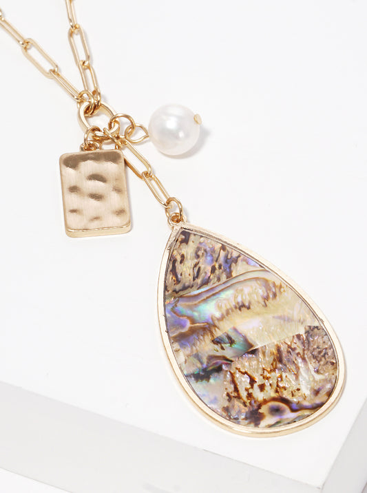 Abalone Teardrop Pendant Long Necklace Set With Earrings Gold-abalon