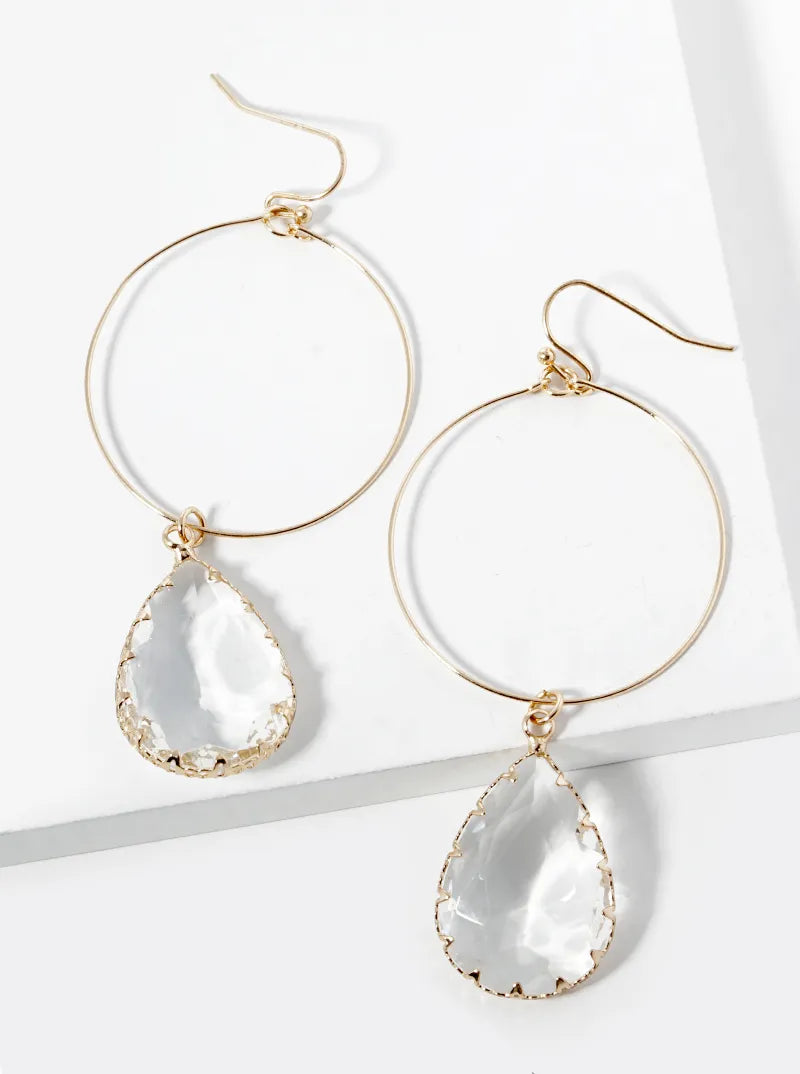 Translucent Teardrop Crystal On Round Wire Drop Earrings