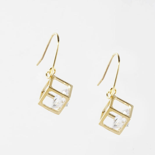 Trapped CZ In 3D Box Brass Drop Earrings