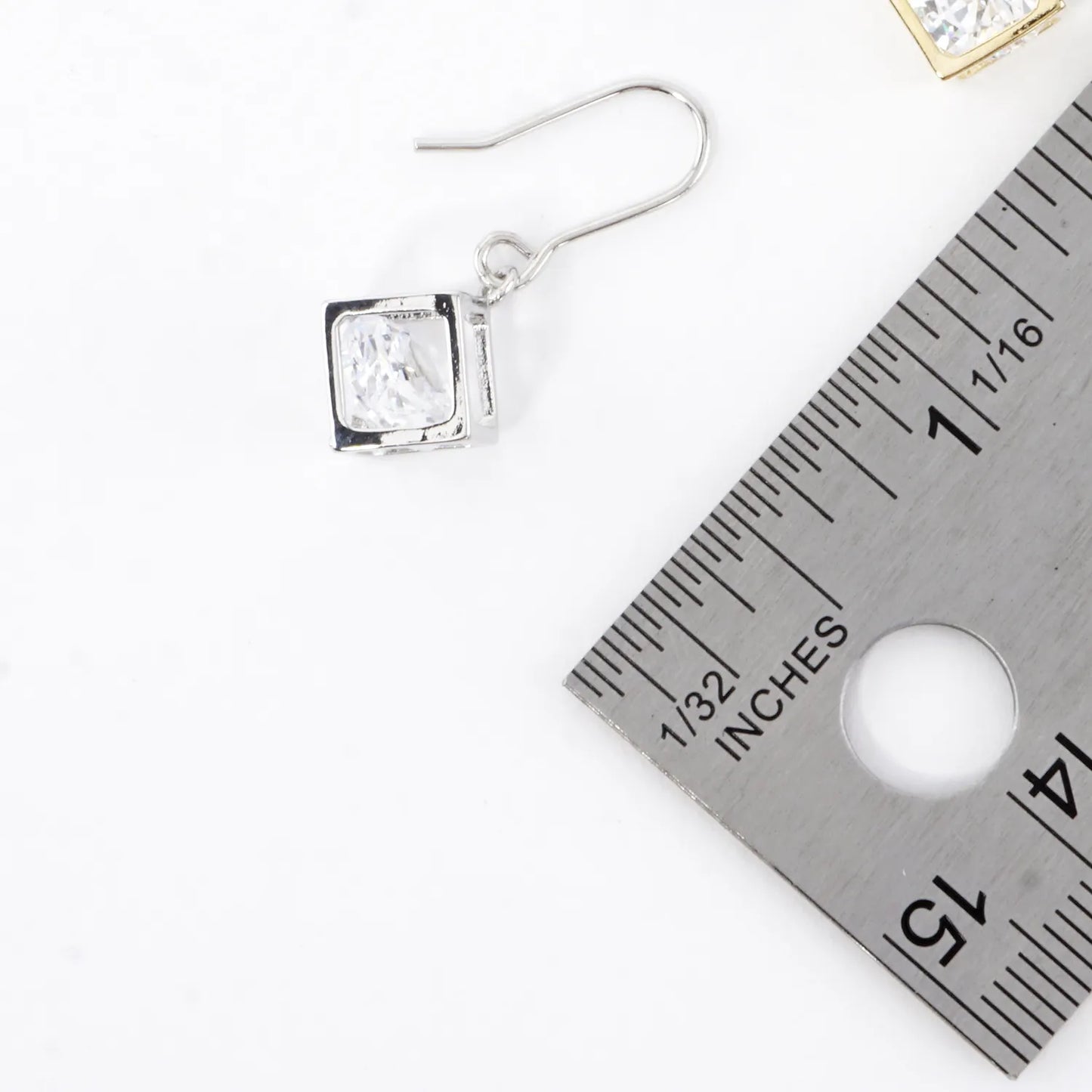 Trapped CZ In 3D Box Brass Drop Earrings