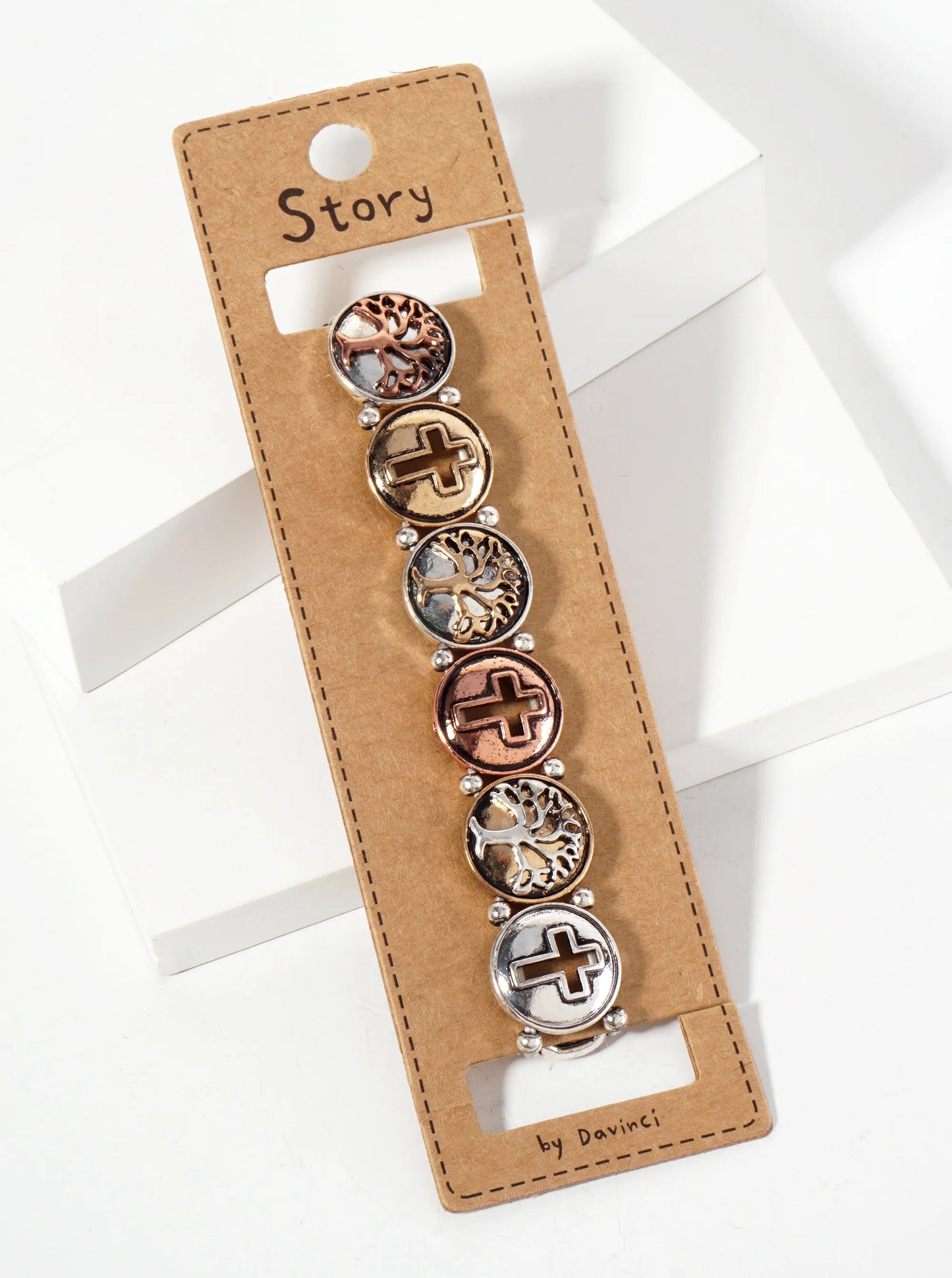 Tree-of-Life And Cross Inside Circle Stretch Bracelet