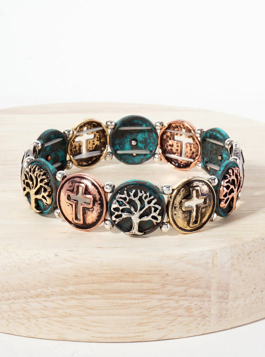 Tree-of-Life And Cross Inside Circle Stretch Bracelet