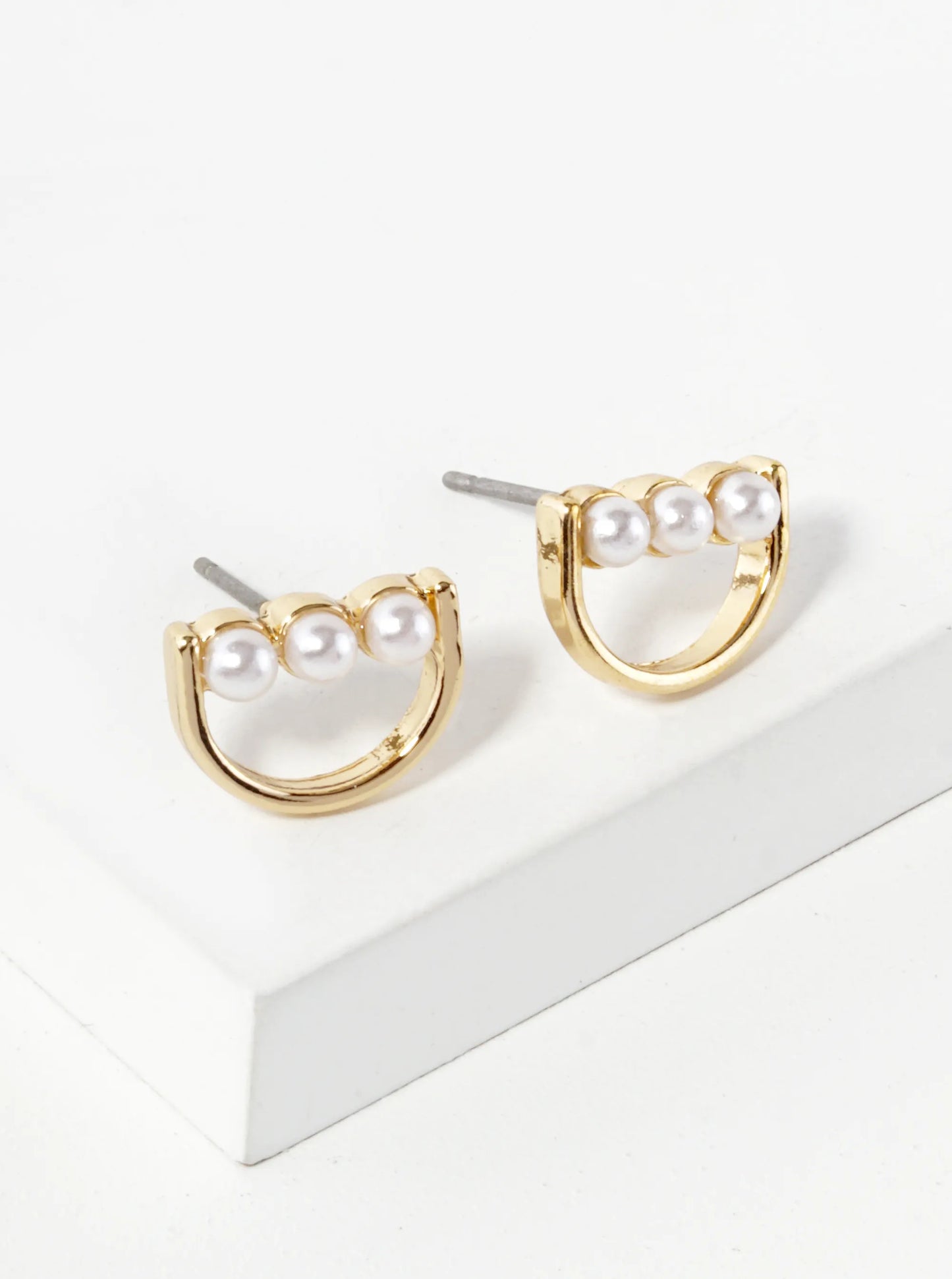 Triple 2mm Pearl Beaded Half Circle Geometric Stud Earrings