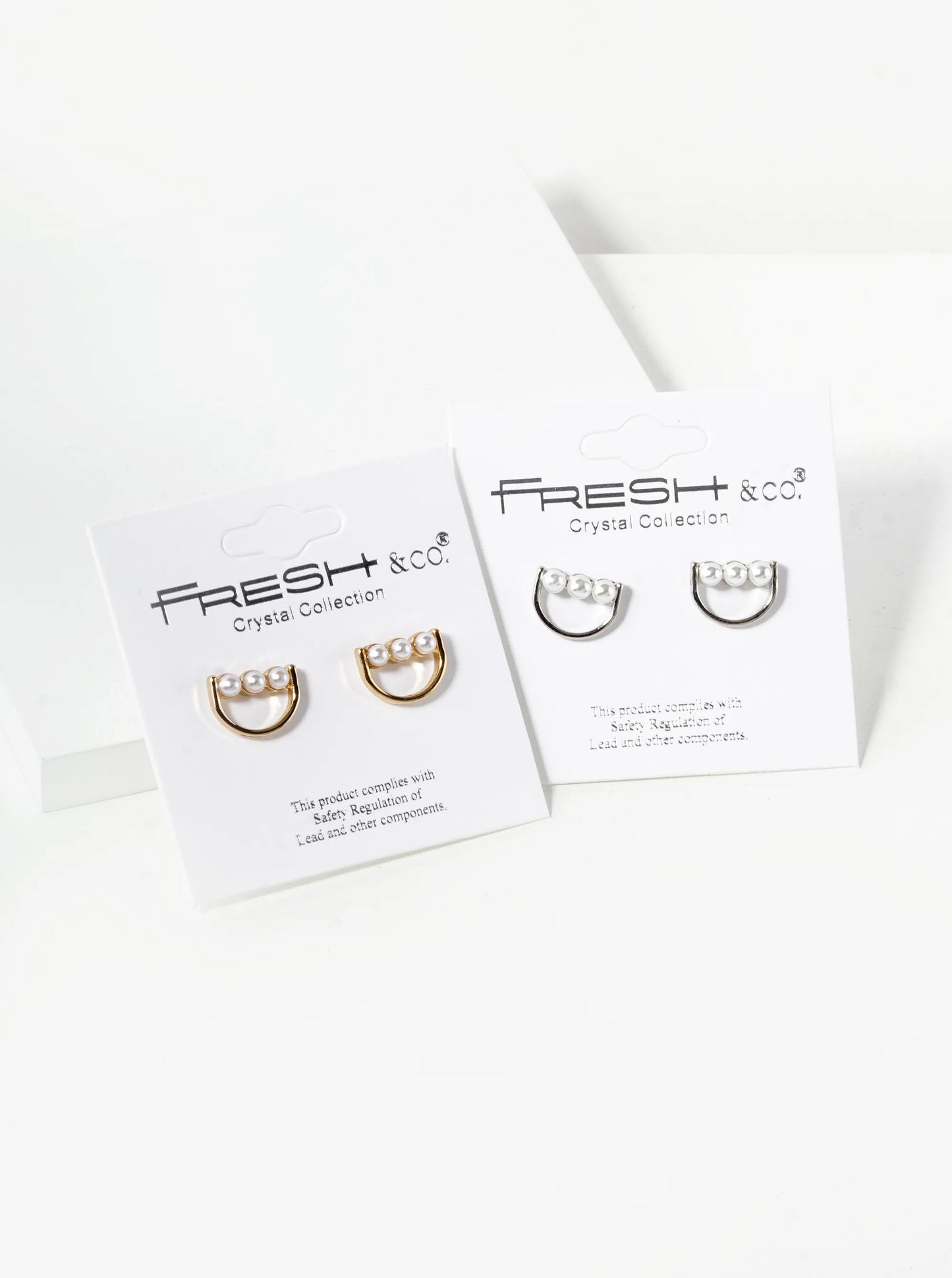 Triple 2mm Pearl Beaded Half Circle Geometric Stud Earrings