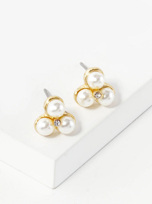 Triple 4mm Pearl Beaded 9mm Triangle Stud Earrings