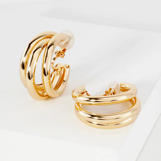Triple Interlocking 30mm Hollow Hoop Clip-On Earrings
