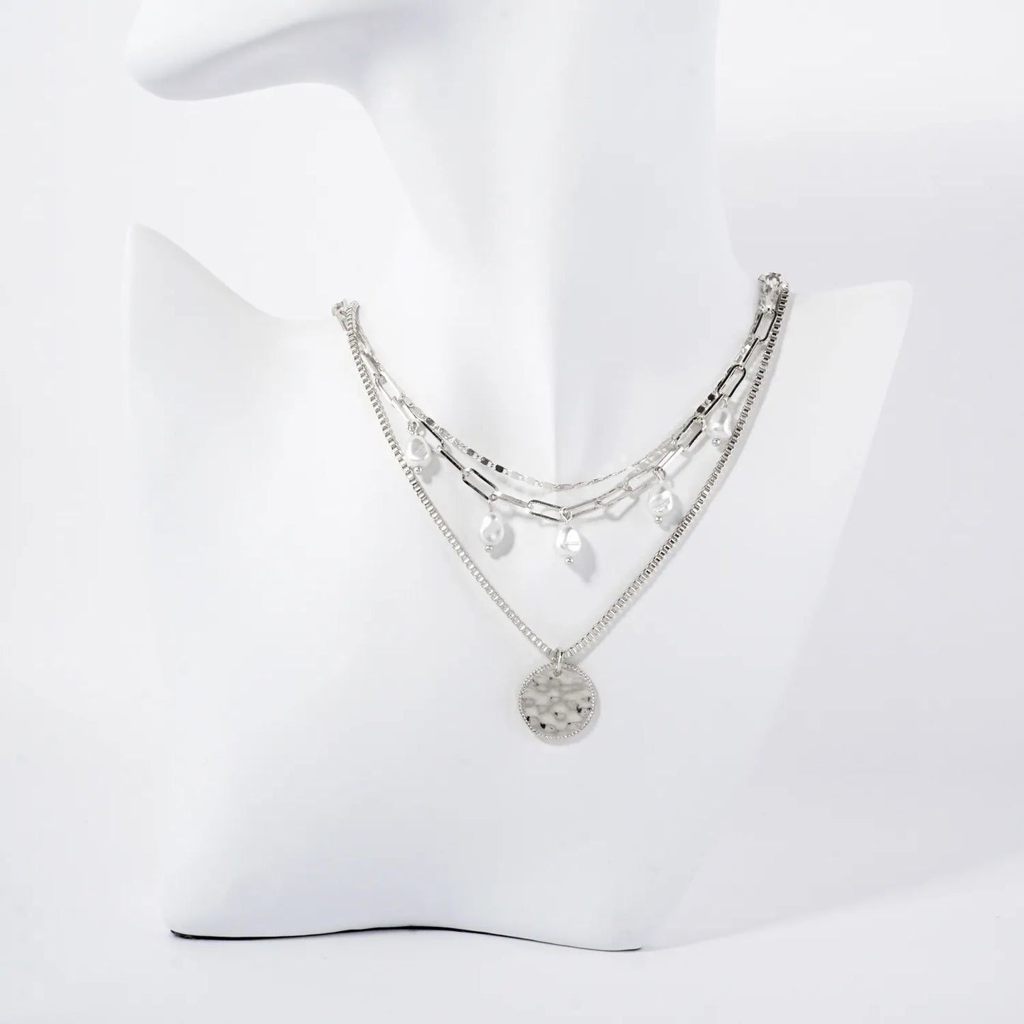 Triple Layer Hammered Disc Pendant Necklace
