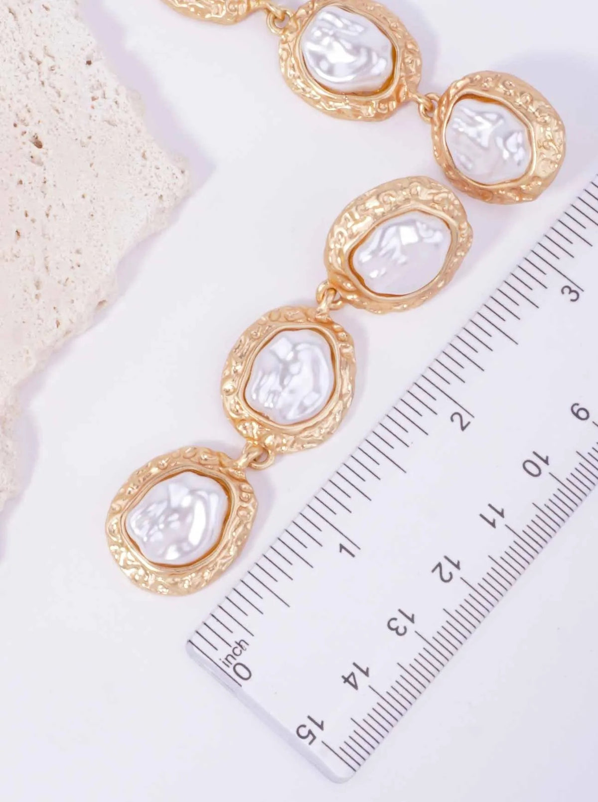 Triple Pearl Hammered Oval Drop Earrings - Matte Gold