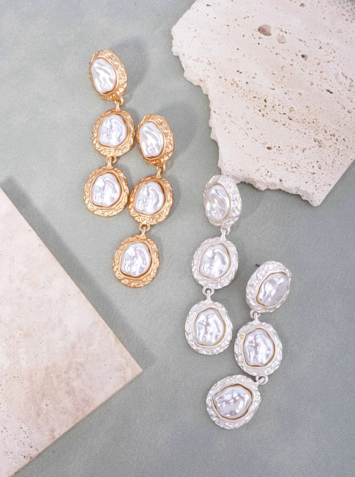 Triple Pearl Hammered Oval Drop Earrings - Matte Gold