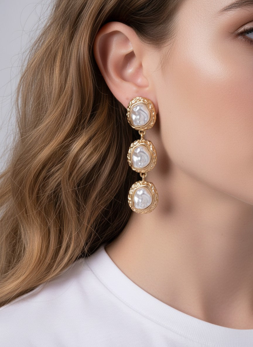 Triple Pearl Hammered Oval Drop Earrings - Matte Gold