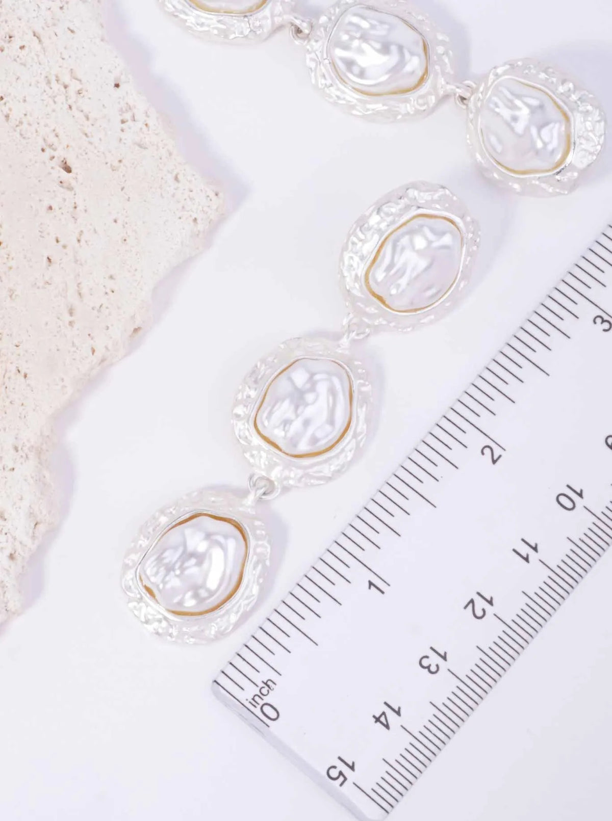Triple Pearl Hammered Oval Drop Earrings - Matte Silver