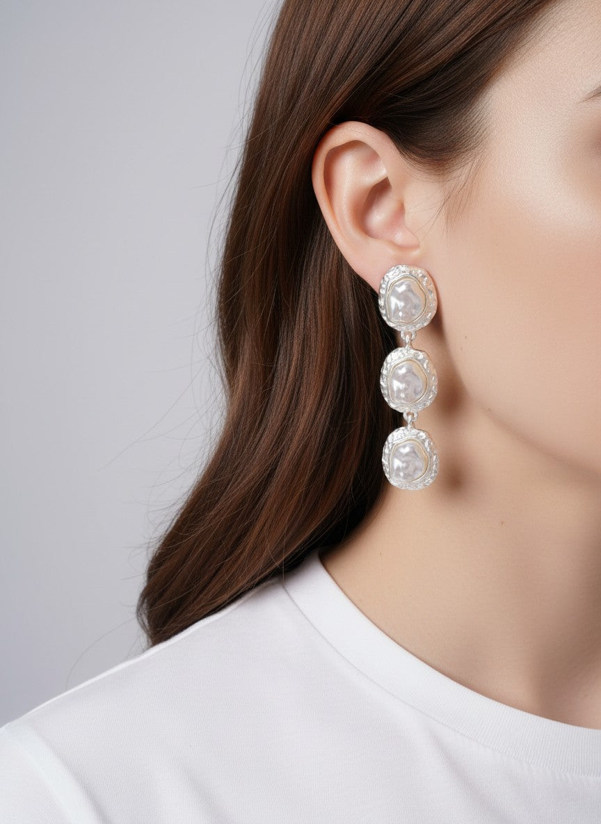 Triple Pearl Hammered Oval Drop Earrings - Matte Silver