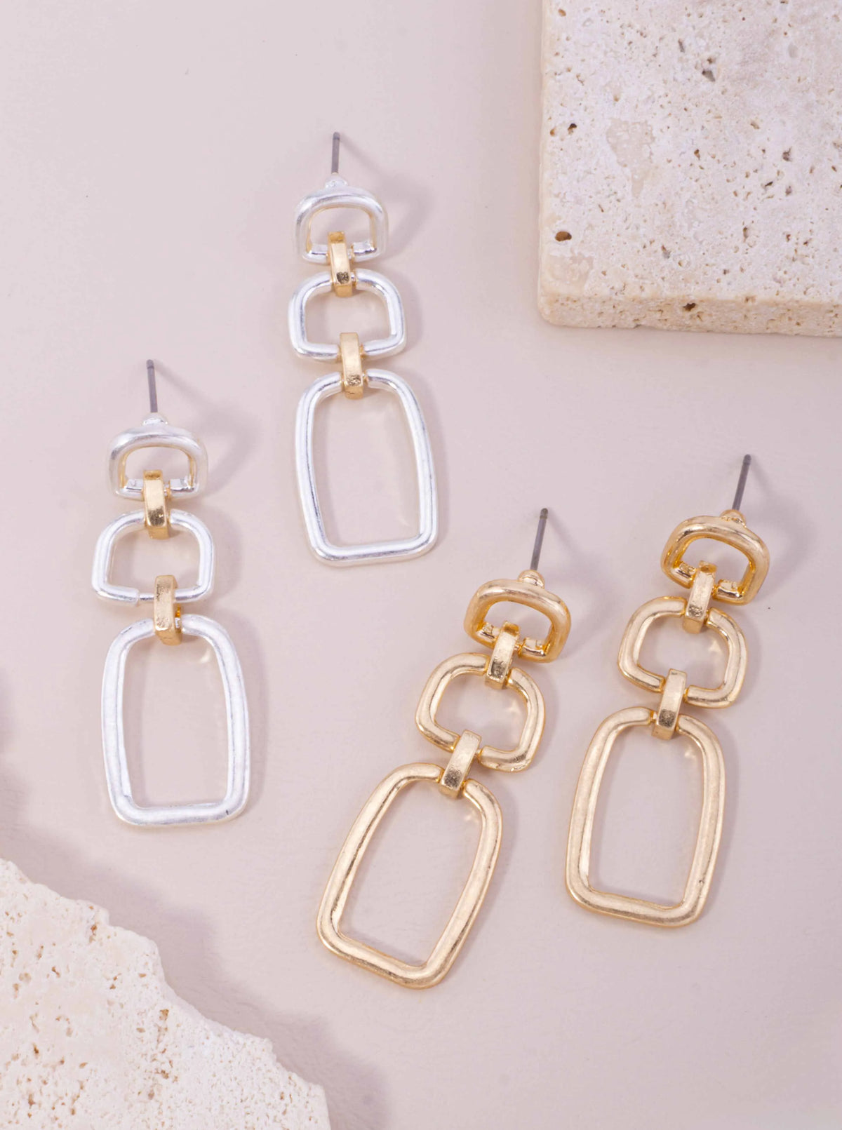Triple Rectangle Polished Post Drop Earrings
