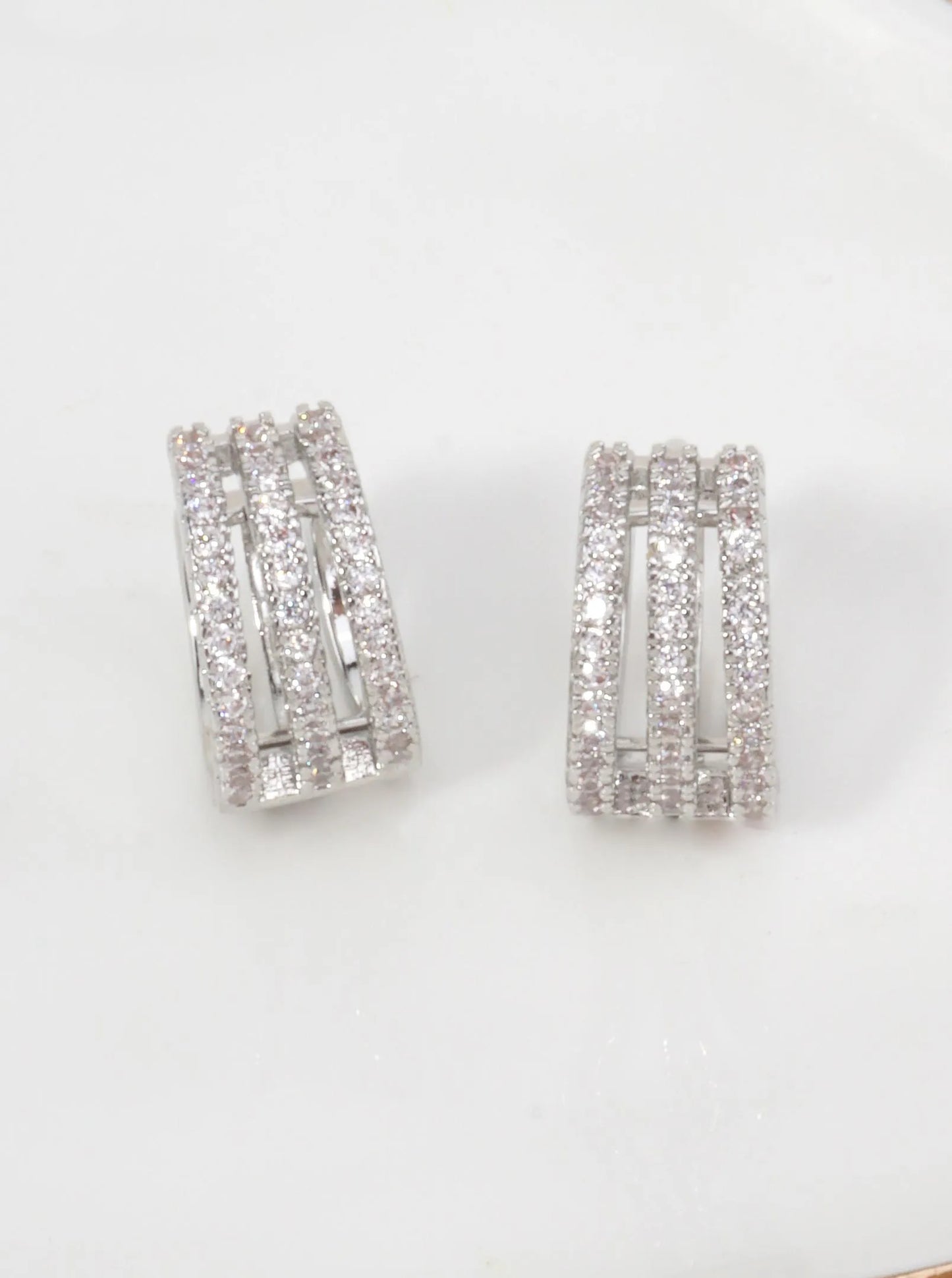 Triple Row CZ Pave Huggie Earrings