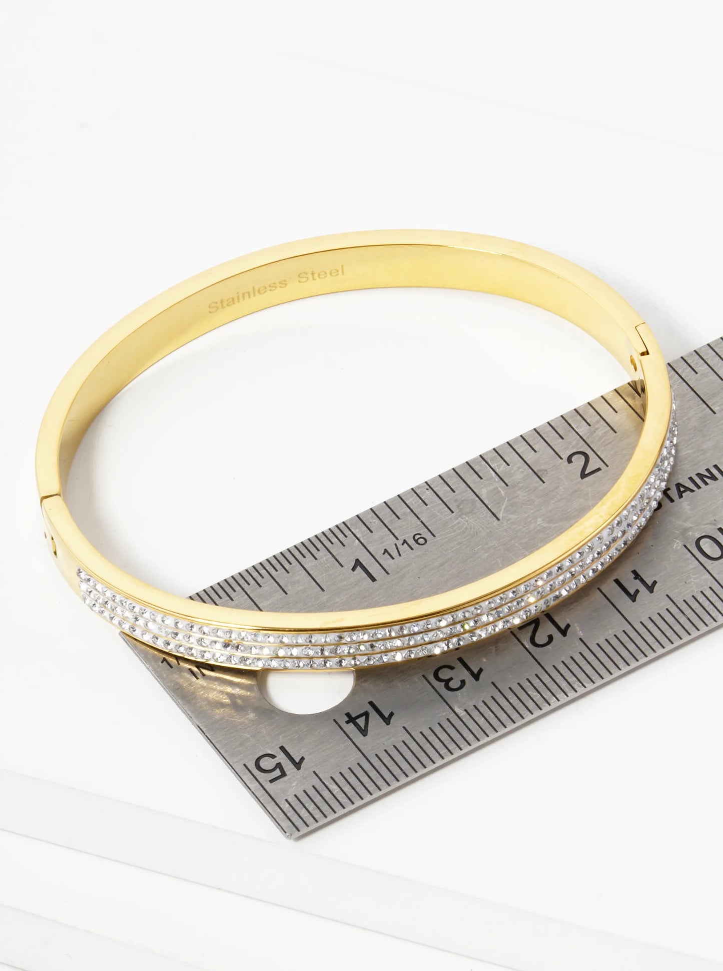Triple Row Pave Set Rhinestone 6mm Thick Stainless Steel Open Bangle Bracelet