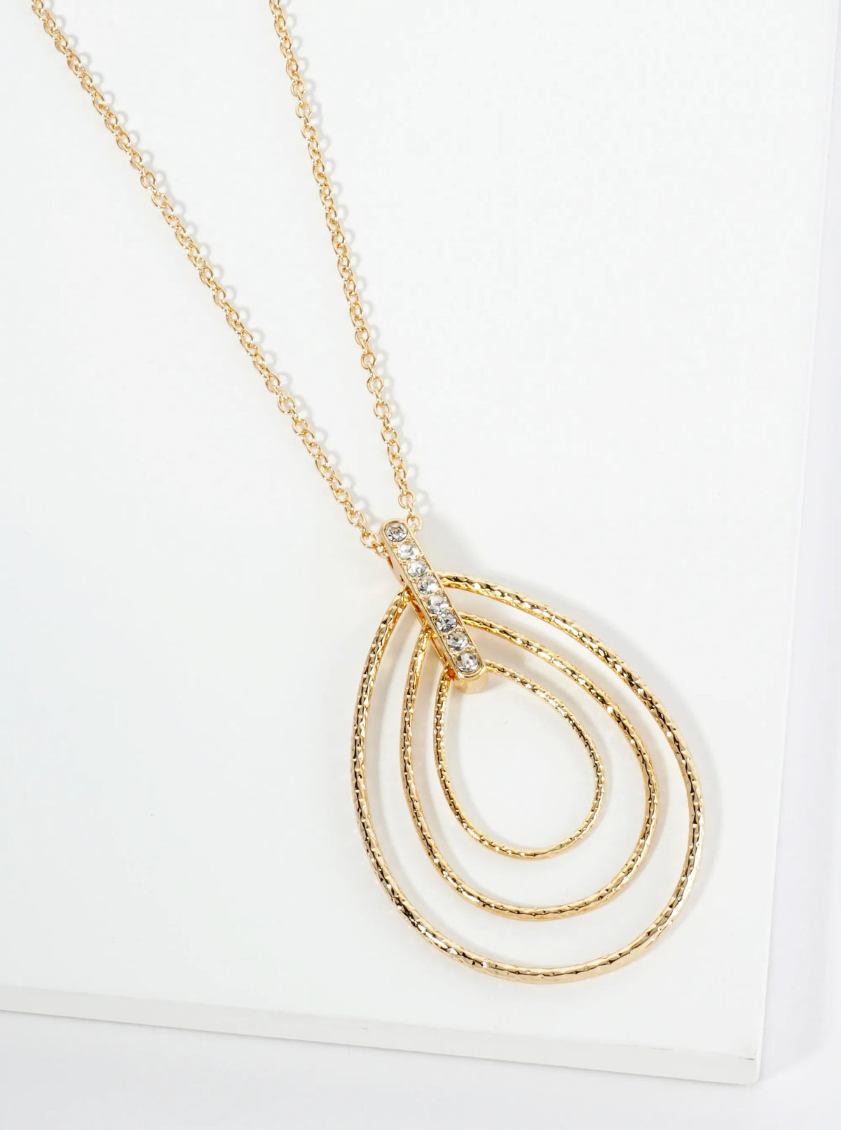 Triple Textured Teardrop Pendant 32 Inch Long Necklace