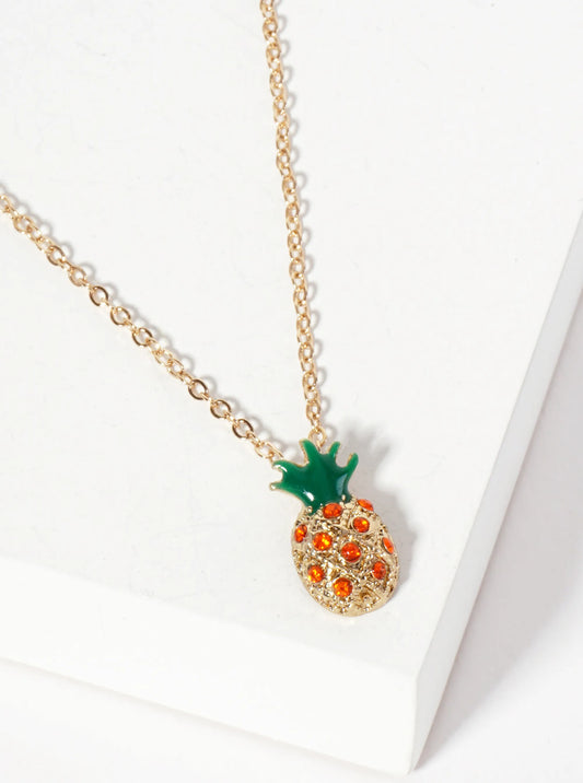 Tropical-Fruit-Theme Crystal-Pave Pineapple Pendant Necklace