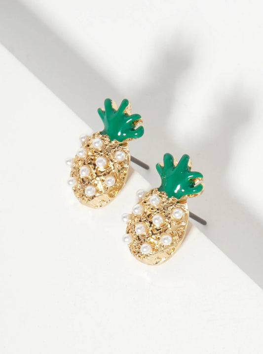 Tropical-Fruit-Theme Crystal-Pave Pineapple Stud Earrings