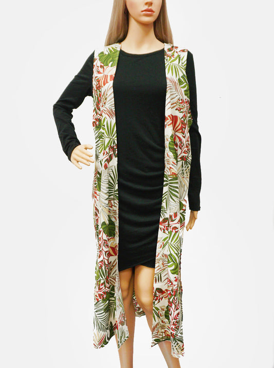 Tropical Leaf Pattern Polyester Long Kimono