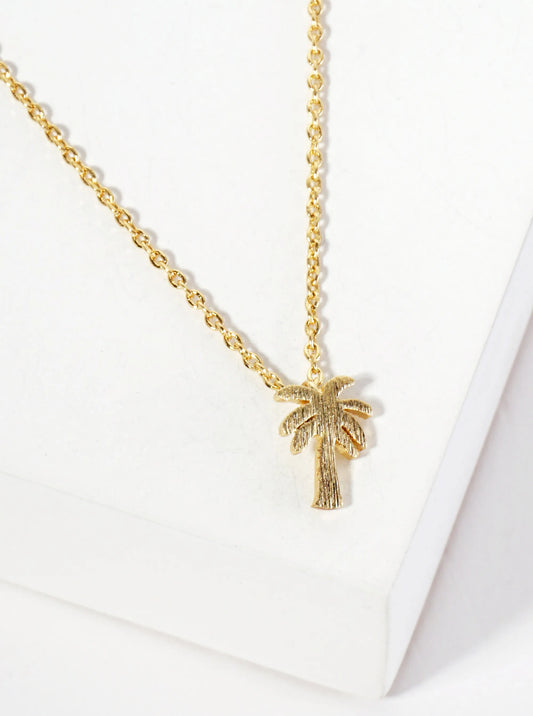 Tropical-Theme 18K-Gold-Dipped Brushed-Texture Palm-Tree Pendant Necklace