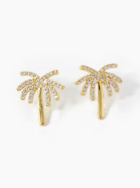 Tropical-Theme 18K-Gold-Dipped CZ-Pave Palm-Tree Stud Earrings