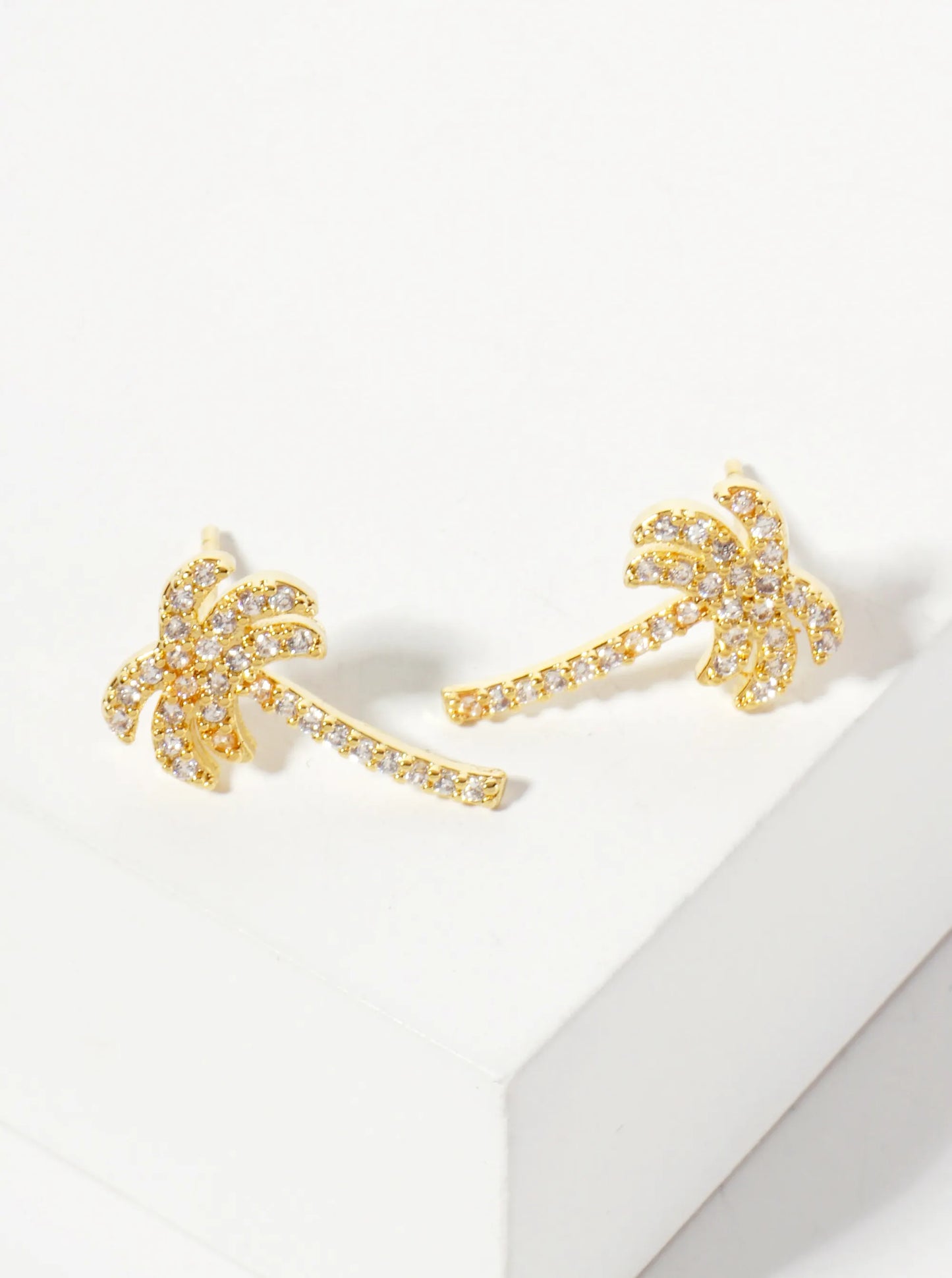 Tropical-Theme 18K-Gold-Dipped Pave Set Cubic-Zirconia Palm Tree Stud Earrings