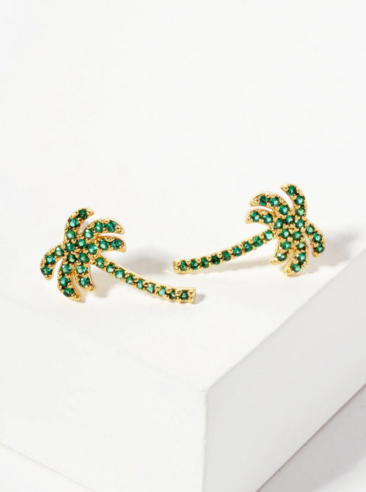 Tropical-Theme 18K-Gold-Dipped Pave Set Cubic-Zirconia Palm Tree Stud Earrings