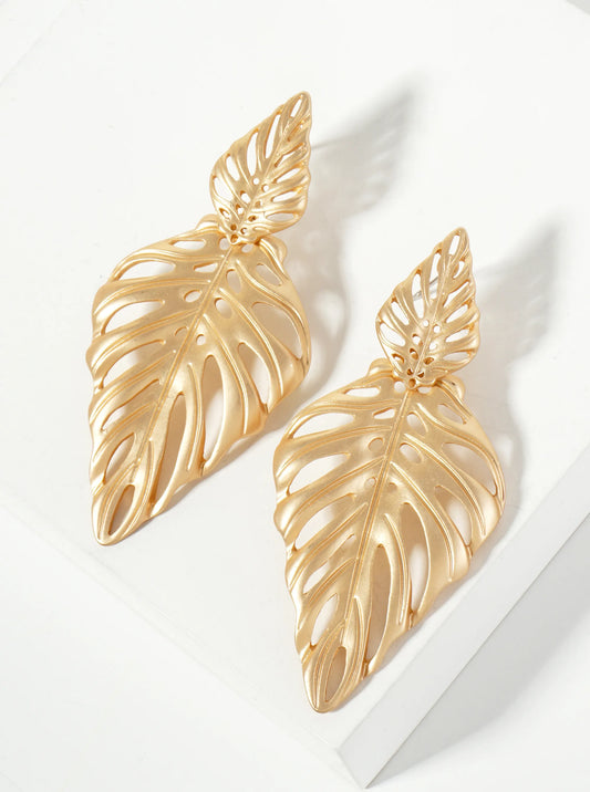Tropical-Theme Cutout Double Monstera Leaf Dangle Post Earrings