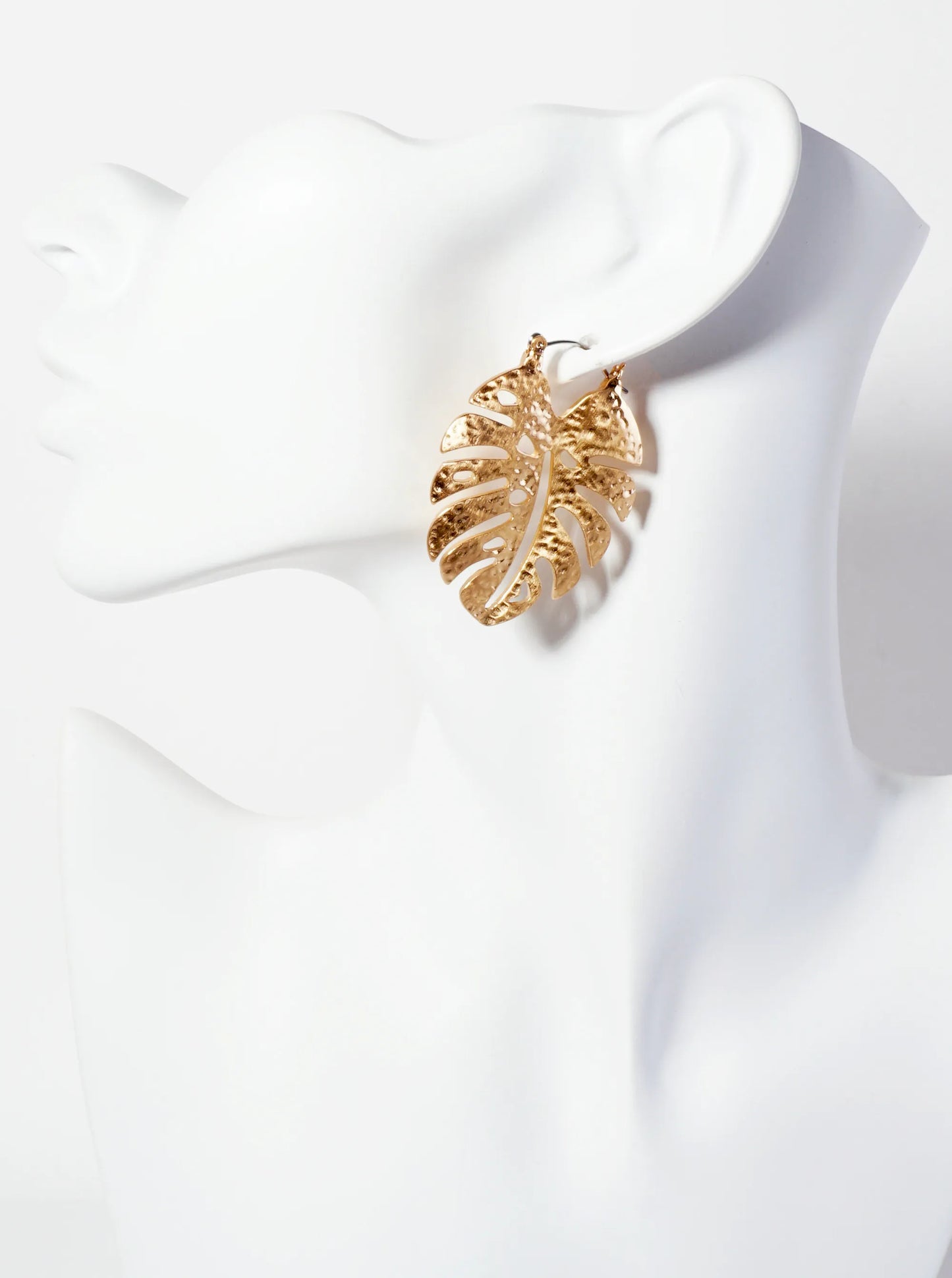 Tropical-Theme Hammered-Texture Monstera Leaf Earrings