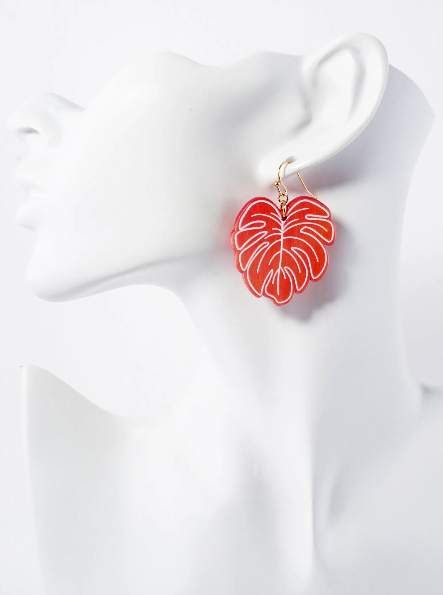 Tropical-Theme Laser-Cut Wood Monstera Leaf Dangle Drop Earrings