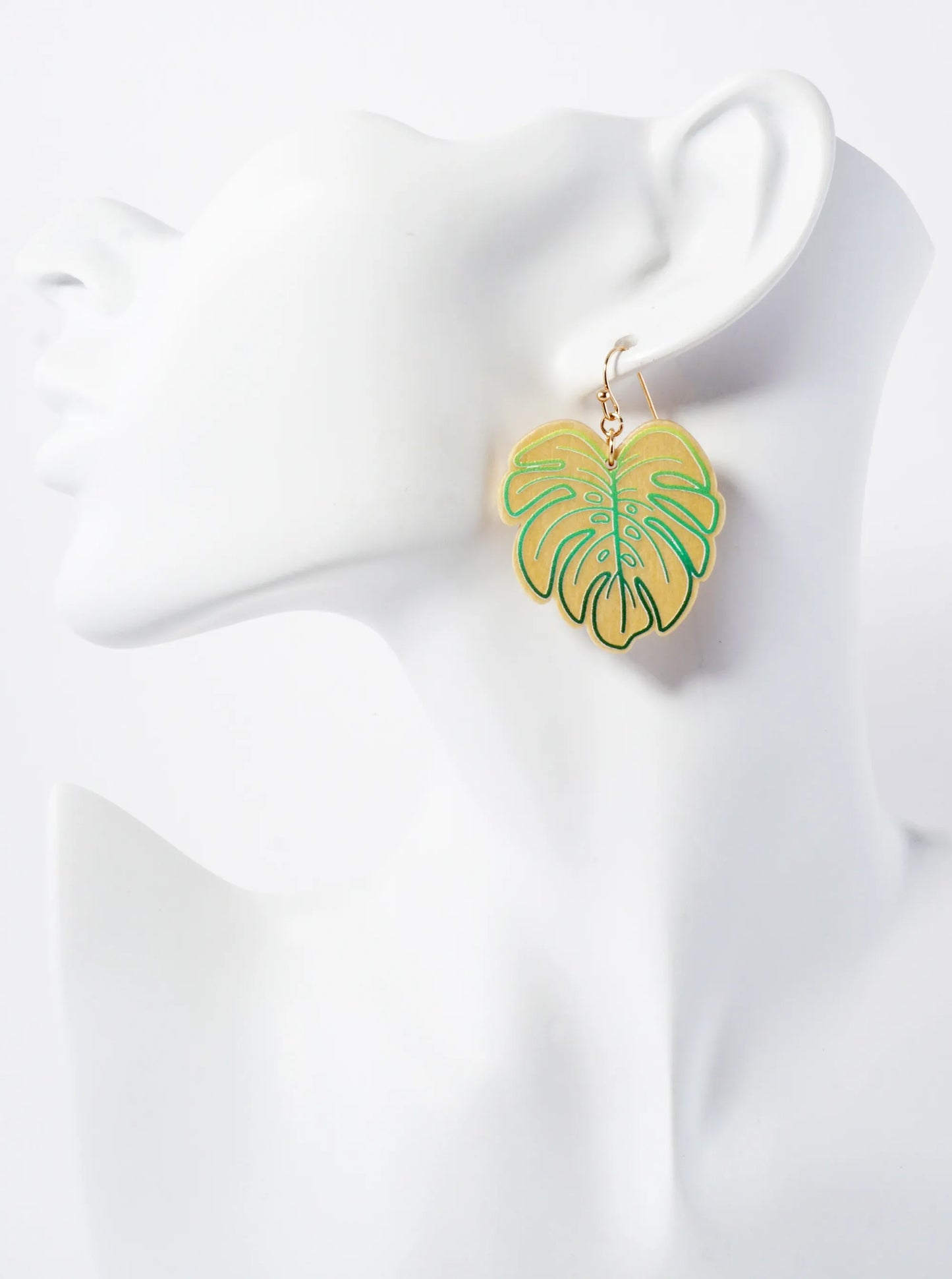 Tropical-Theme Laser-Cut Wood Monstera Leaf Dangle Drop Earrings