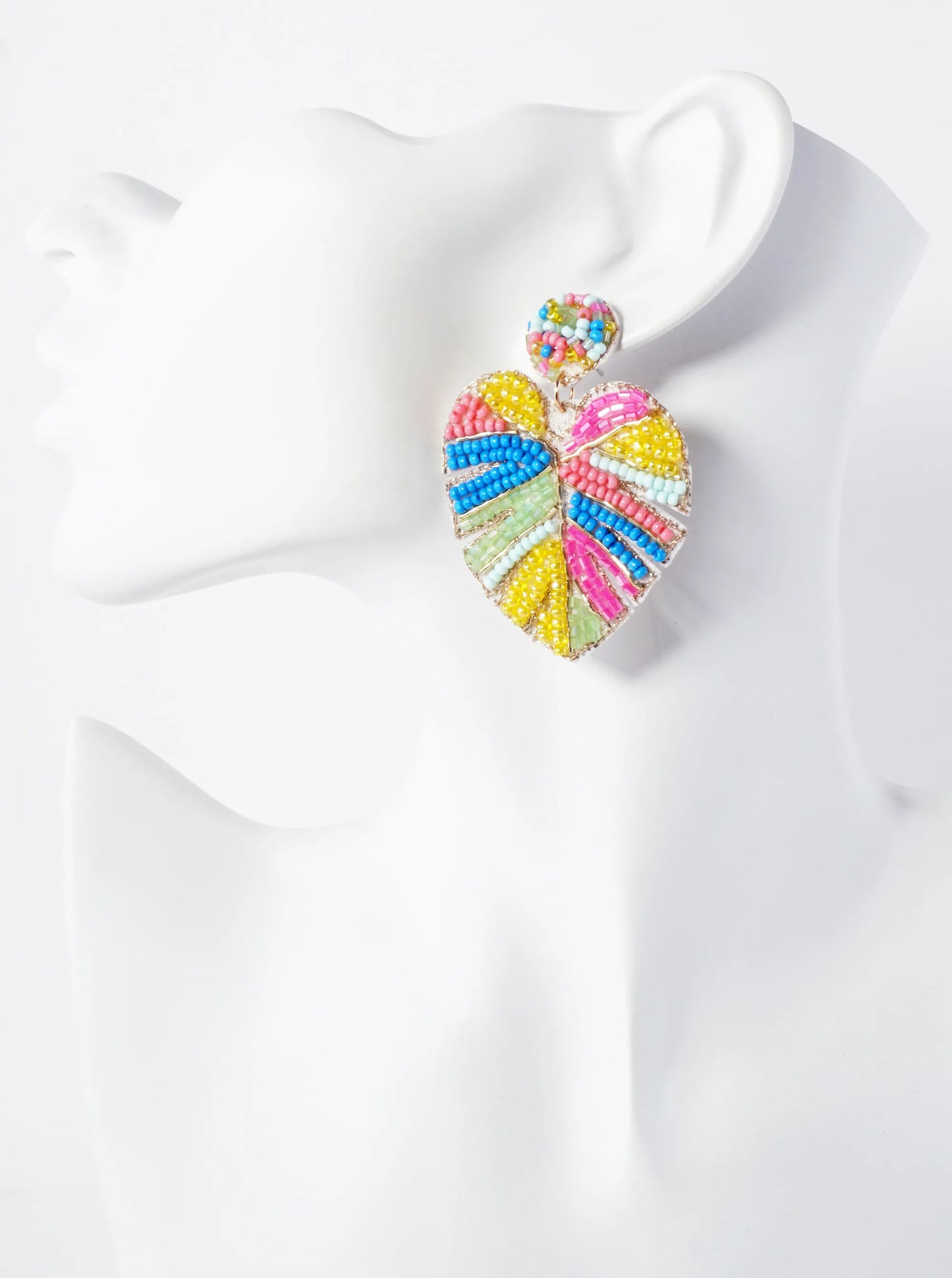 Tropical-Theme Seed-Beaded Monstera Statement Earrings