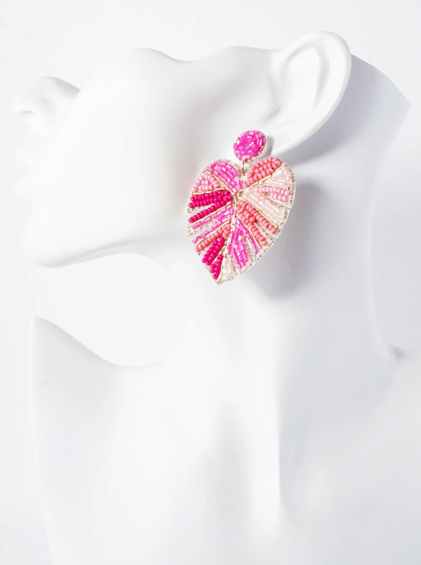 Tropical-Theme Seed-Beaded Monstera Statement Earrings