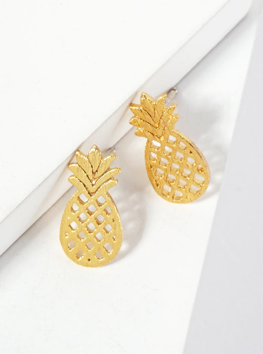 Tropical-theme 18K-Gold-Dipped Brass Brushed-Texture Cutout Pineapple Stud Earrings