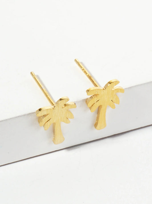 Tropical-theme 18K-Gold-Dipped Brushed-Texture Brass Palm-tree Stud Earrings