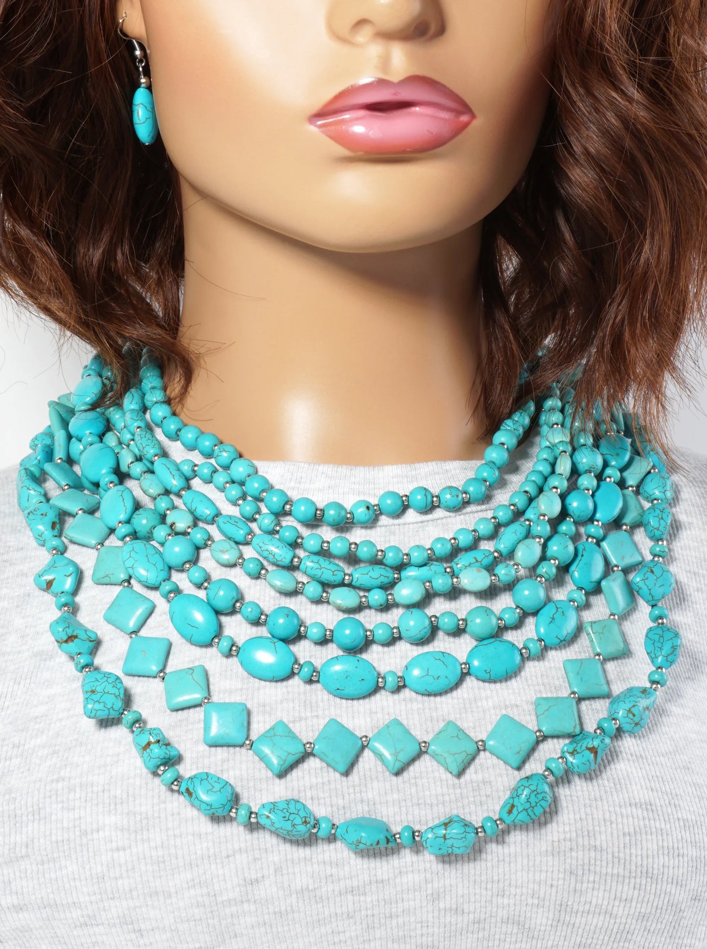 Turquoise Semi-Precious 8-Strand Layered Bohemian Western Bib Beaded Necklace Set-with-Earrings