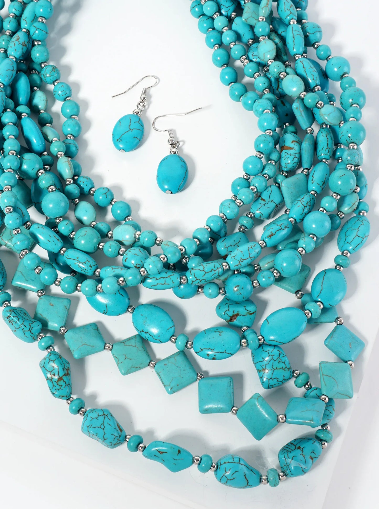 Turquoise Semi-Precious 8-Strand Layered Bohemian Western Bib Beaded Necklace Set-with-Earrings