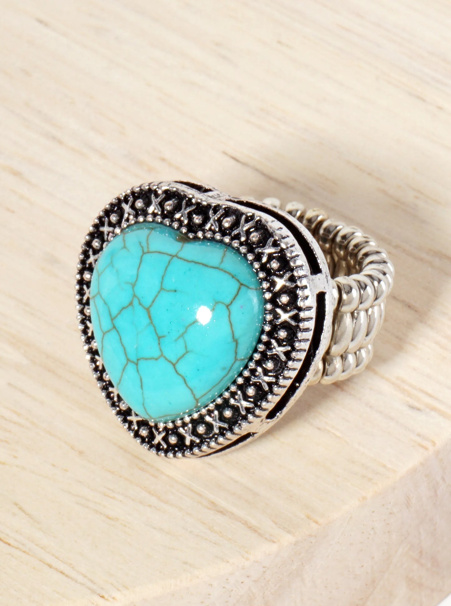 Turquoise Semi-Precious Natural-Stone Heart-Shape Bohemian Western Statement Stretch Ring