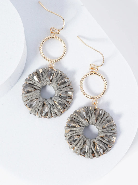 Two Circle Drop Earrings Wrapped With Glass Beads And Raffia