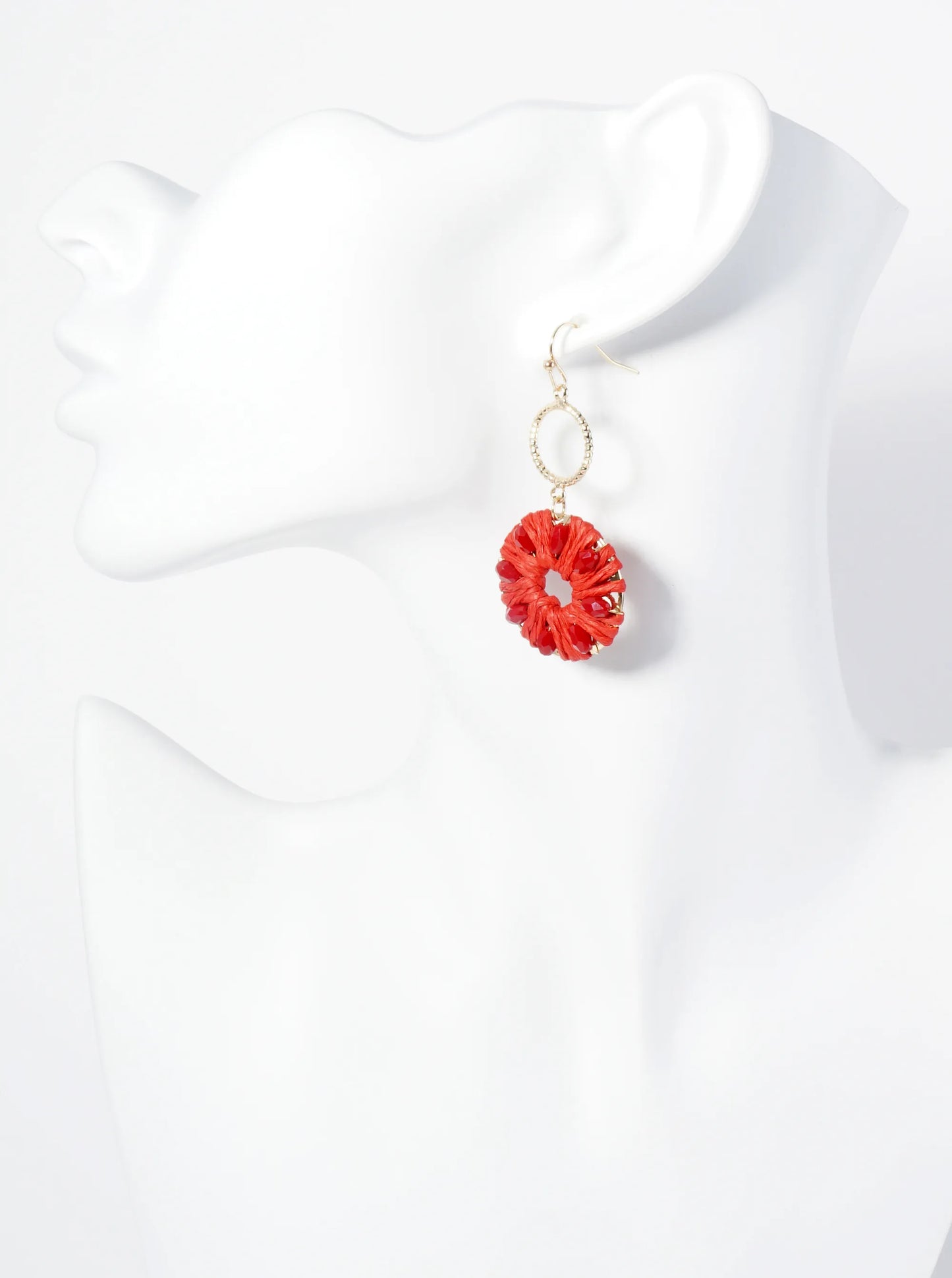 Two Circle Drop Earrings Wrapped With Glass Beads And Raffia