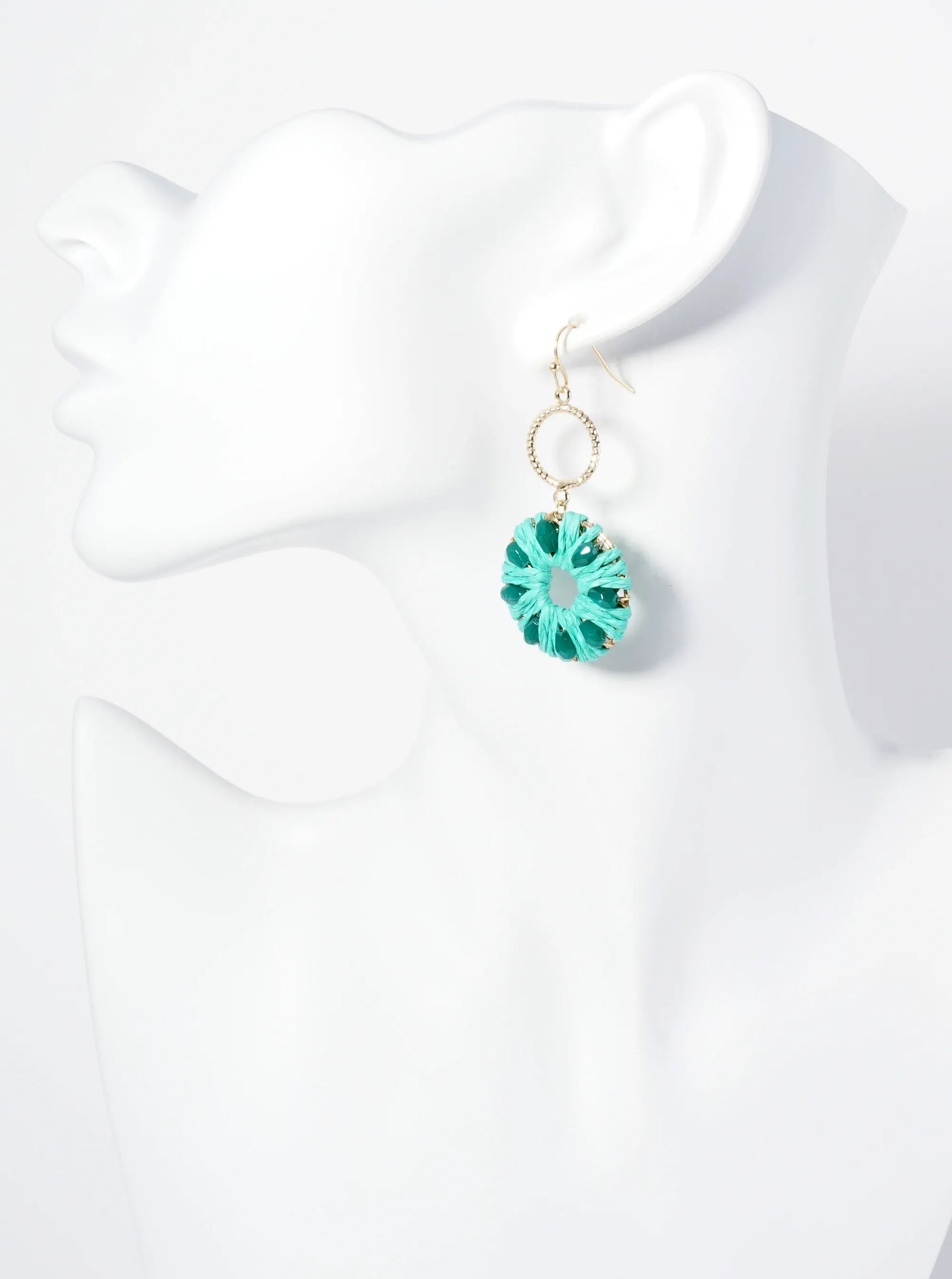 Two Circle Drop Earrings Wrapped With Glass Beads And Raffia