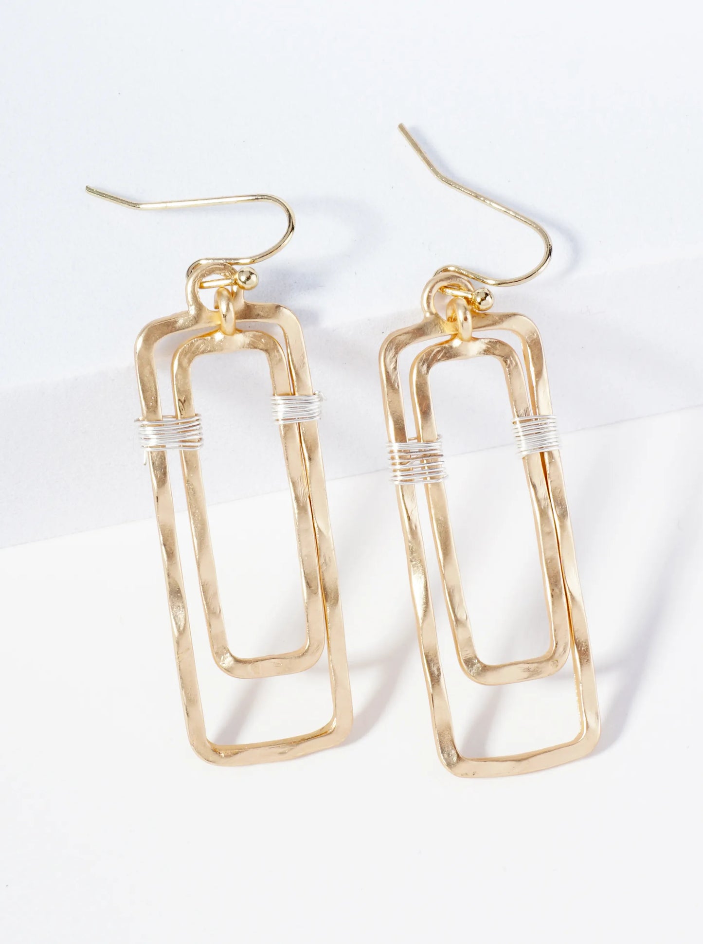 Two Hammered Rectangles Wire Wrapped Dangle Earrings