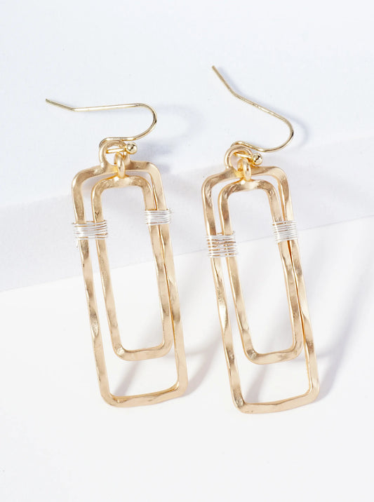 Two Hammered Rectangles Wire Wrapped Dangle Earrings