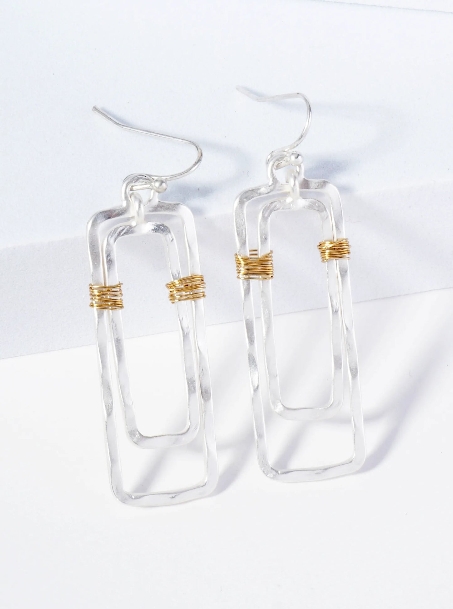 Two Hammered Rectangles Wire Wrapped Dangle Earrings