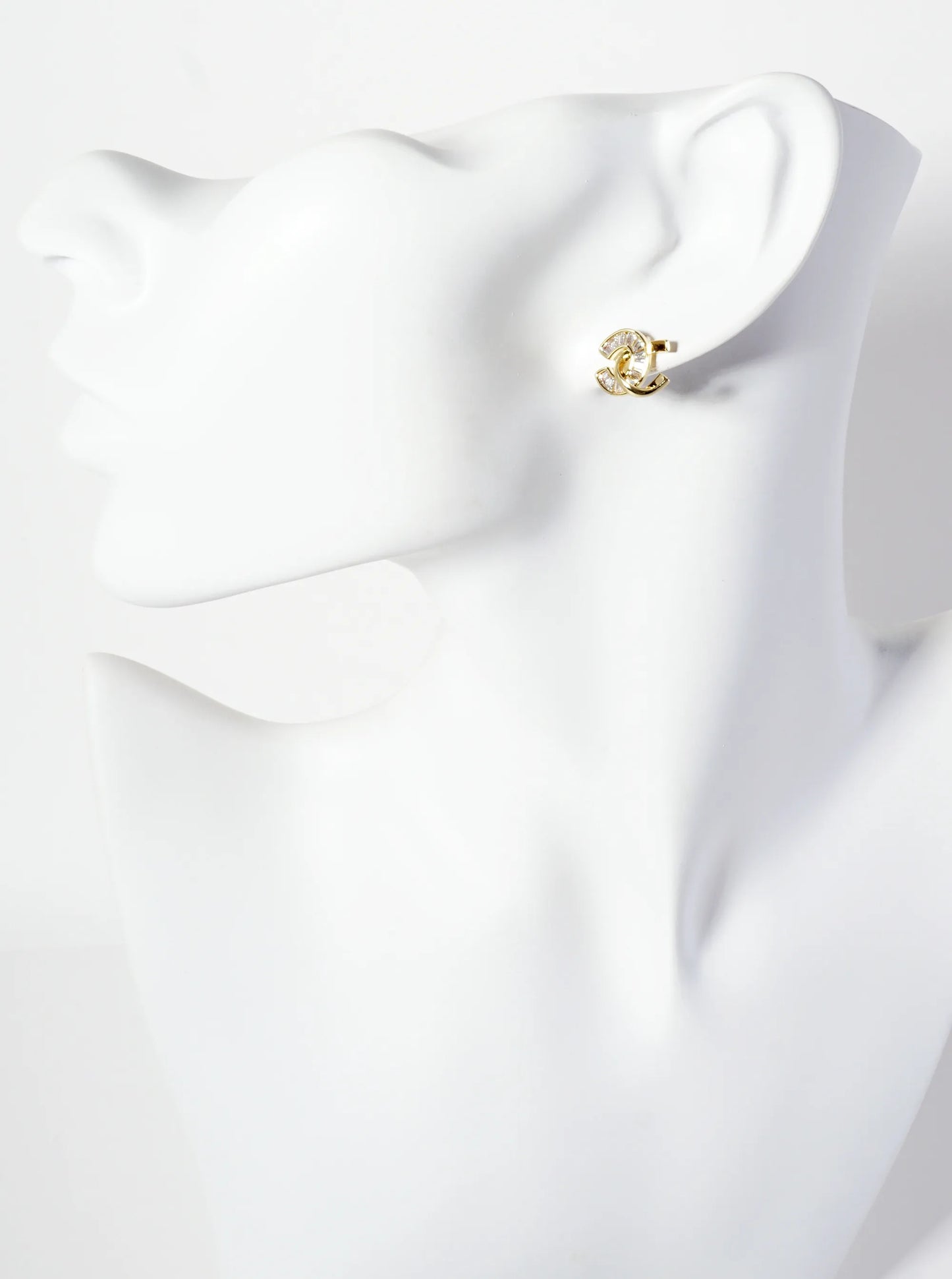 Two Overlapping C-Shapes Baguette Cubic-Zirconia 18K-Gold-Dipped Stud Earrings