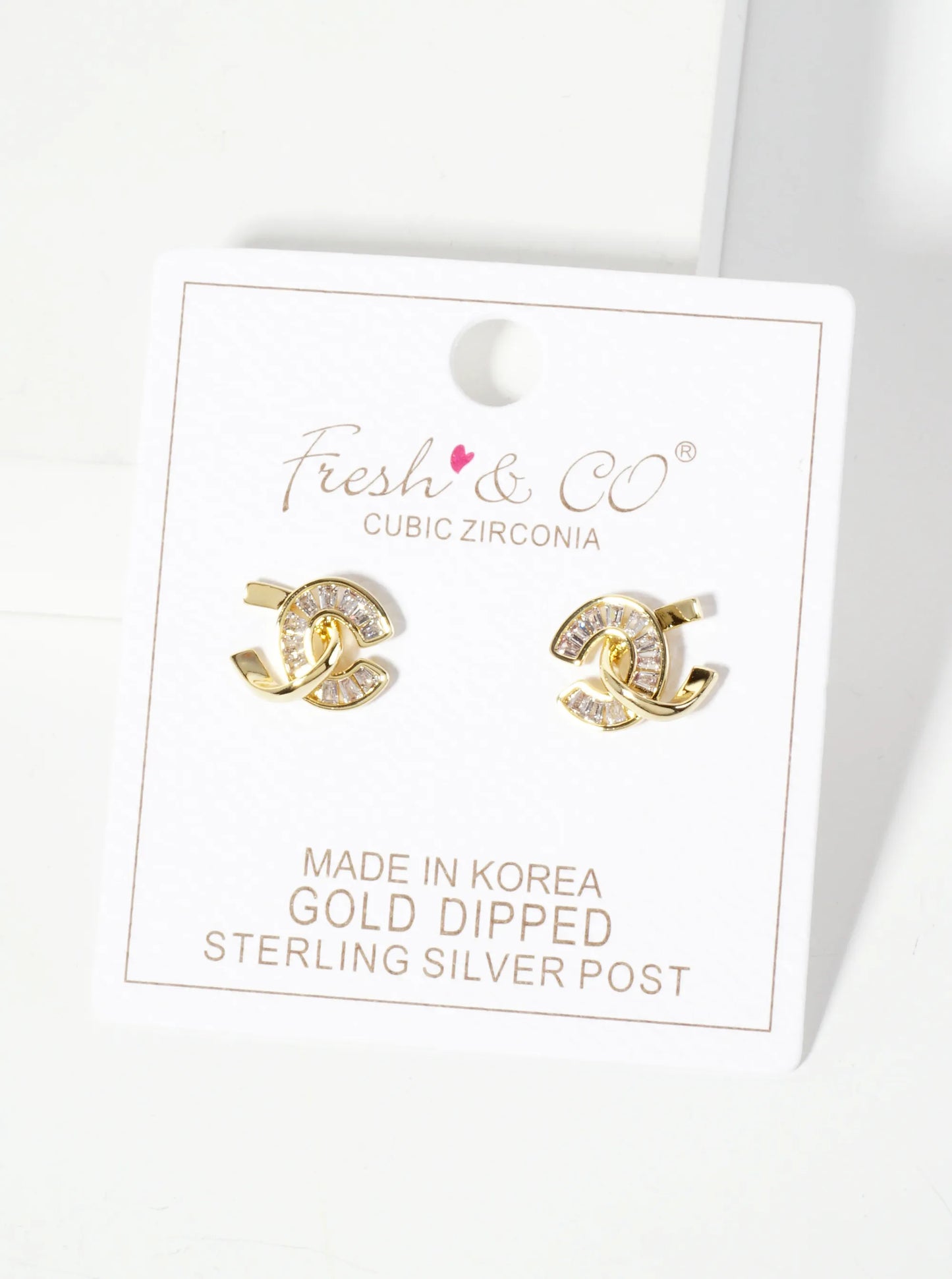 Two Overlapping C-Shapes Baguette Cubic-Zirconia 18K-Gold-Dipped Stud Earrings