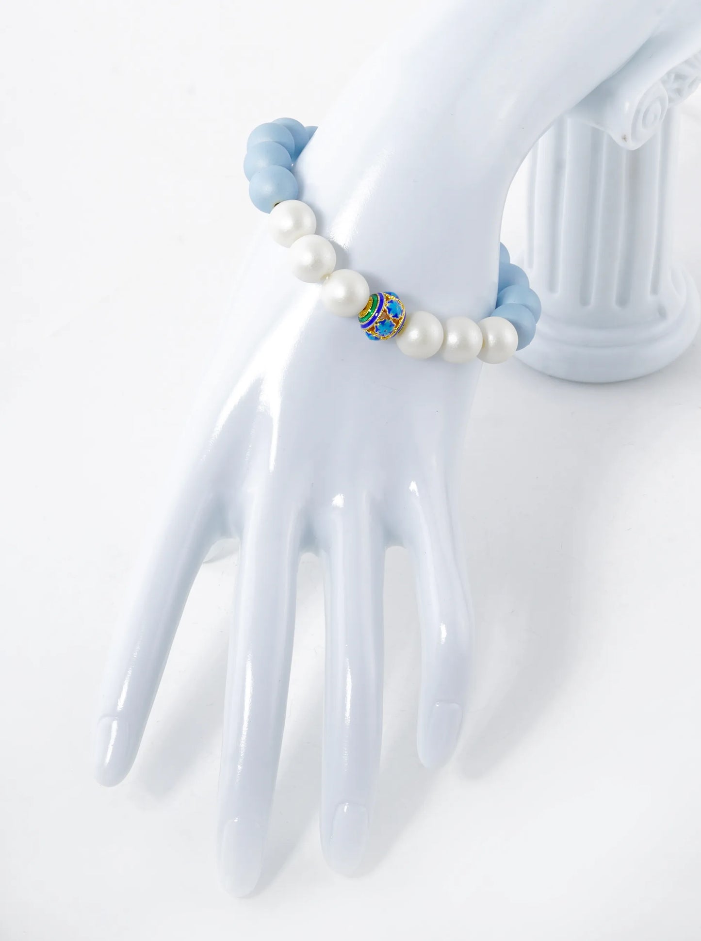 Two-Tone 10mm Color Coated Beads Stretch Bracelet With Cloisonne Flower Bead Accent