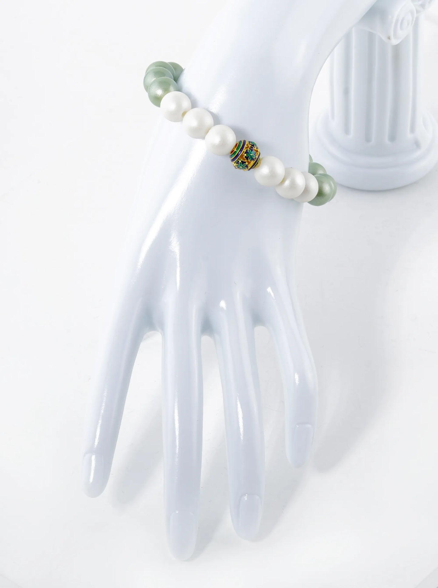 Two-Tone 10mm Color Coated Beads Stretch Bracelet With Cloisonne Flower Bead Accent