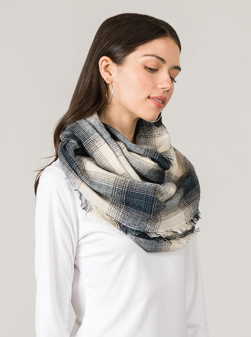 Two-Tone Checkered Plaid Double Loop Infinity Scarf With Fringe