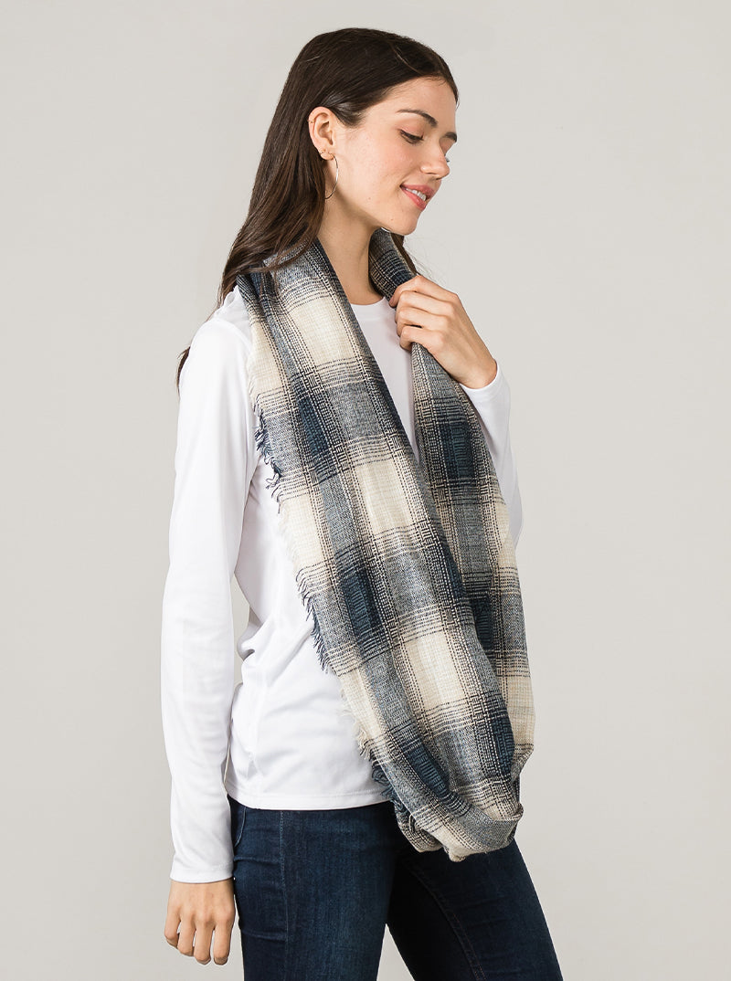 Two-Tone Checkered Plaid Double Loop Infinity Scarf With Fringe